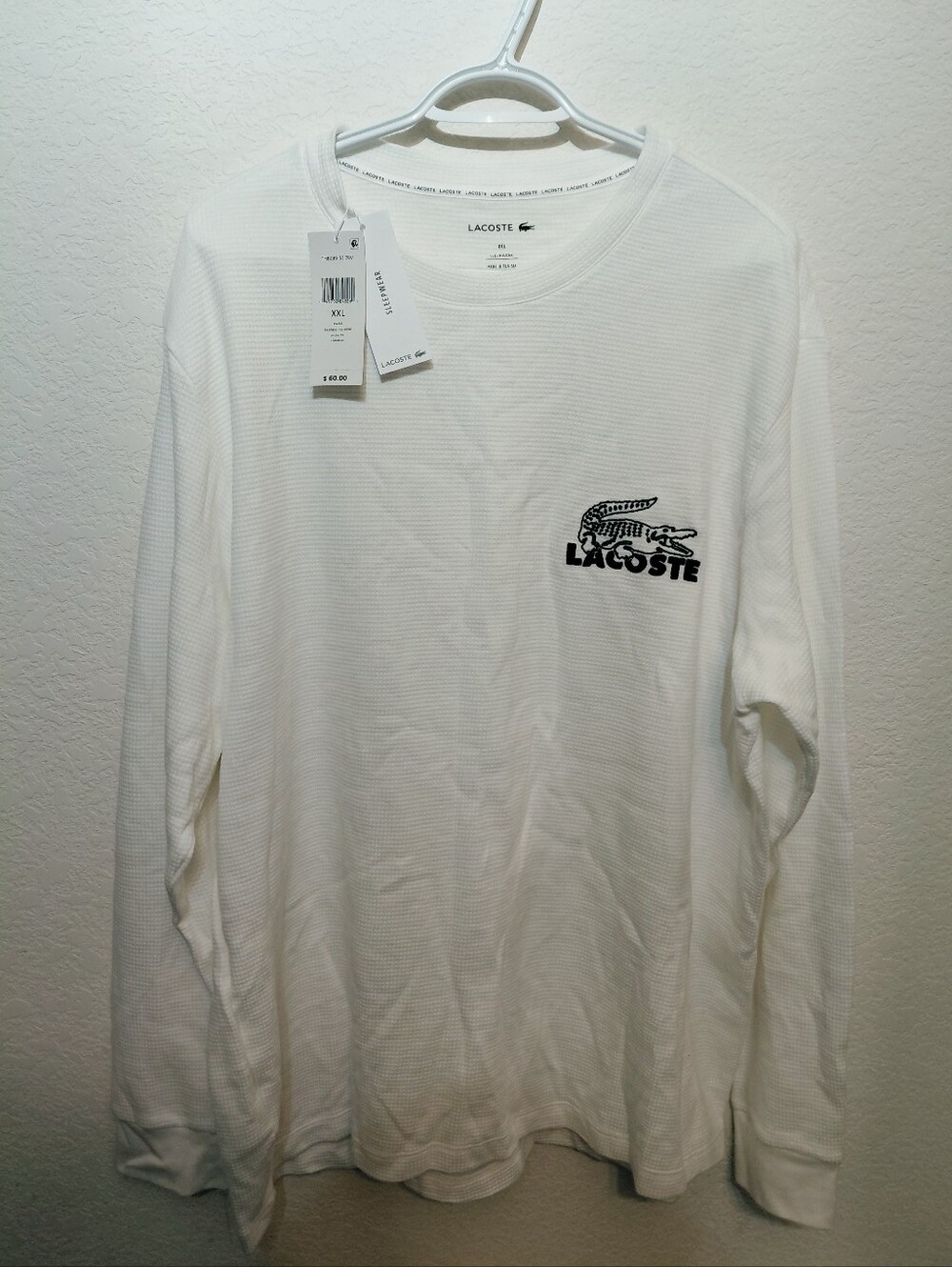 Lacoste Men's White Thermal Waffle Pajama Long Sleeve with Green Croc Logo 2XL